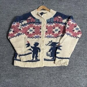 Woolrich Woman Sweater Womens Large‎ Cream Cardigan 100% Wool Folk Art Intarsia